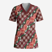 Polynesian Monstera Tiare Floral Scrub Top Burgundy Tropical Plaid - Polynesian Pride