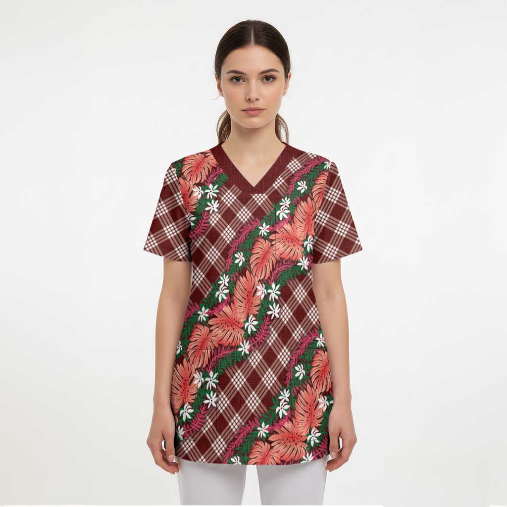 Polynesian Monstera Tiare Floral Scrub Top Burgundy Tropical Plaid - Polynesian Pride