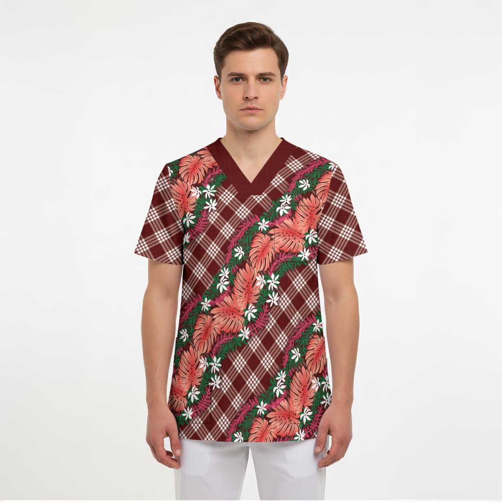 Polynesian Monstera Tiare Floral Scrub Top Burgundy Tropical Plaid - Polynesian Pride
