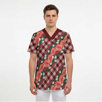 Polynesian Monstera Tiare Floral Scrub Top Burgundy Tropical Plaid - Polynesian Pride