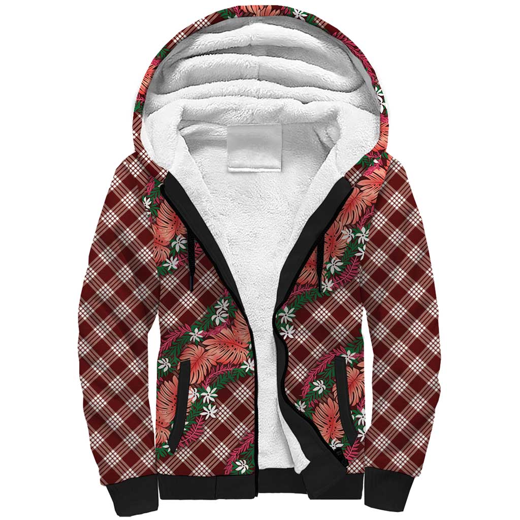 Polynesian Monstera Tiare Floral Sherpa Hoodie Burgundy Tropical Plaid - Polynesian Pride