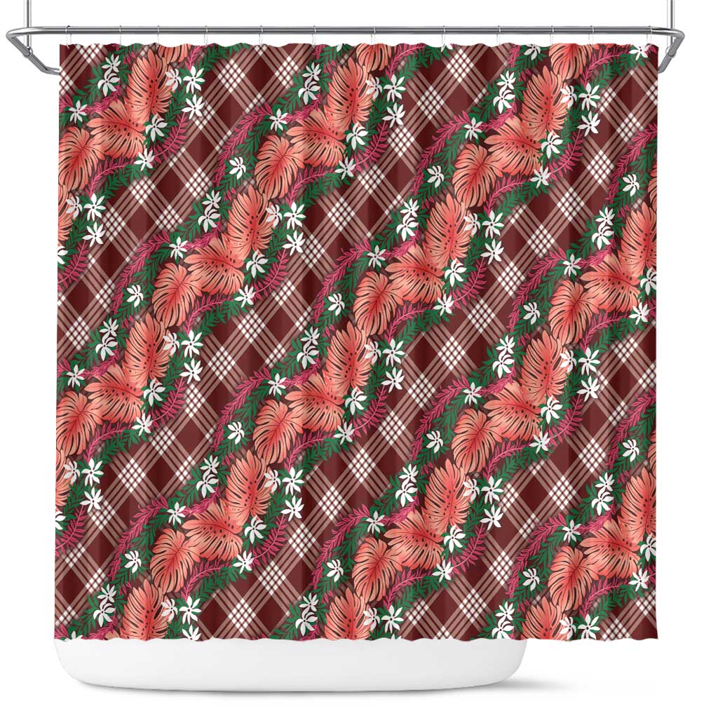 Polynesian Monstera Tiare Floral Shower Curtain Burgundy Tropical Plaid - Polynesian Pride