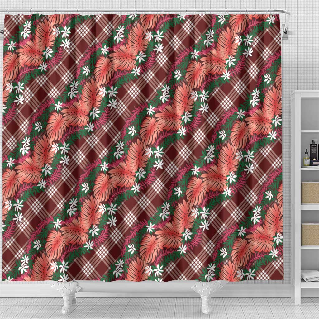Polynesian Monstera Tiare Floral Shower Curtain Burgundy Tropical Plaid - Polynesian Pride