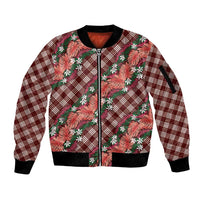 Polynesian Monstera Tiare Floral Sleeve Zip Bomber Jacket Burgundy Tropical Plaid - Polynesian Pride