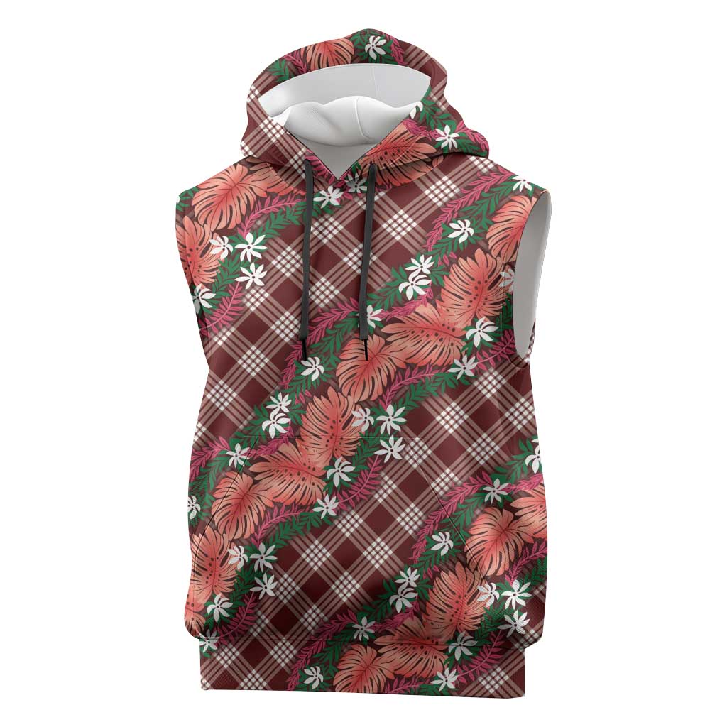 Polynesian Monstera Tiare Floral Sleeveless Hoodie Burgundy Tropical Plaid - Polynesian Pride