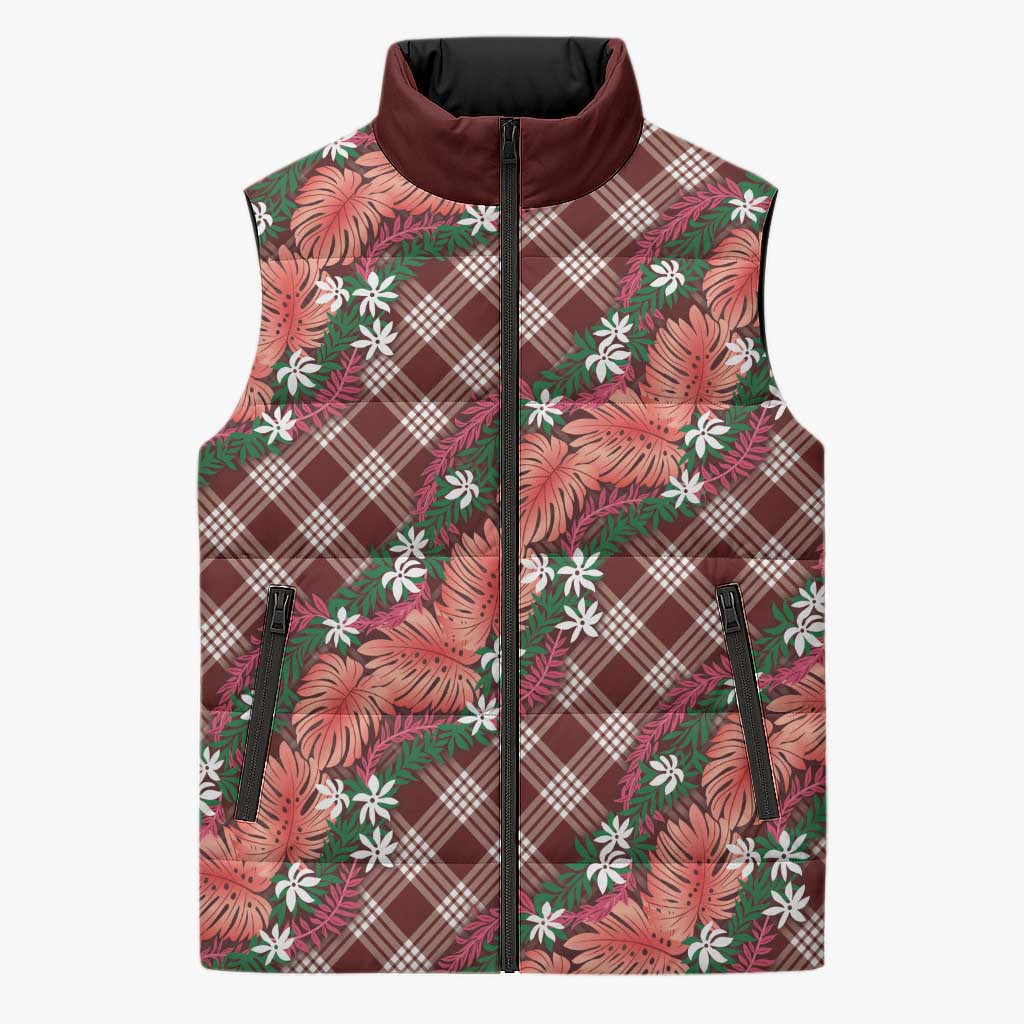 Polynesian Monstera Tiare Floral Sleeveless Puffer Jacket Burgundy Tropical Plaid LT01 Unisex Red - Polynesian Pride