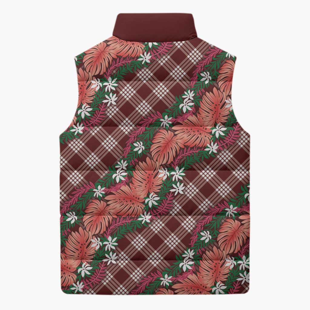 Polynesian Monstera Tiare Floral Sleeveless Puffer Jacket Burgundy Tropical Plaid - Polynesian Pride