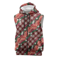 Polynesian Monstera Tiare Floral Sleeveless Zip Hoodie Burgundy Tropical Plaid - Polynesian Pride