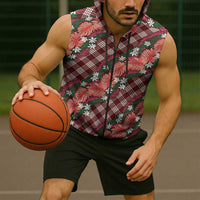 Polynesian Monstera Tiare Floral Sleeveless Zip Hoodie Burgundy Tropical Plaid - Polynesian Pride