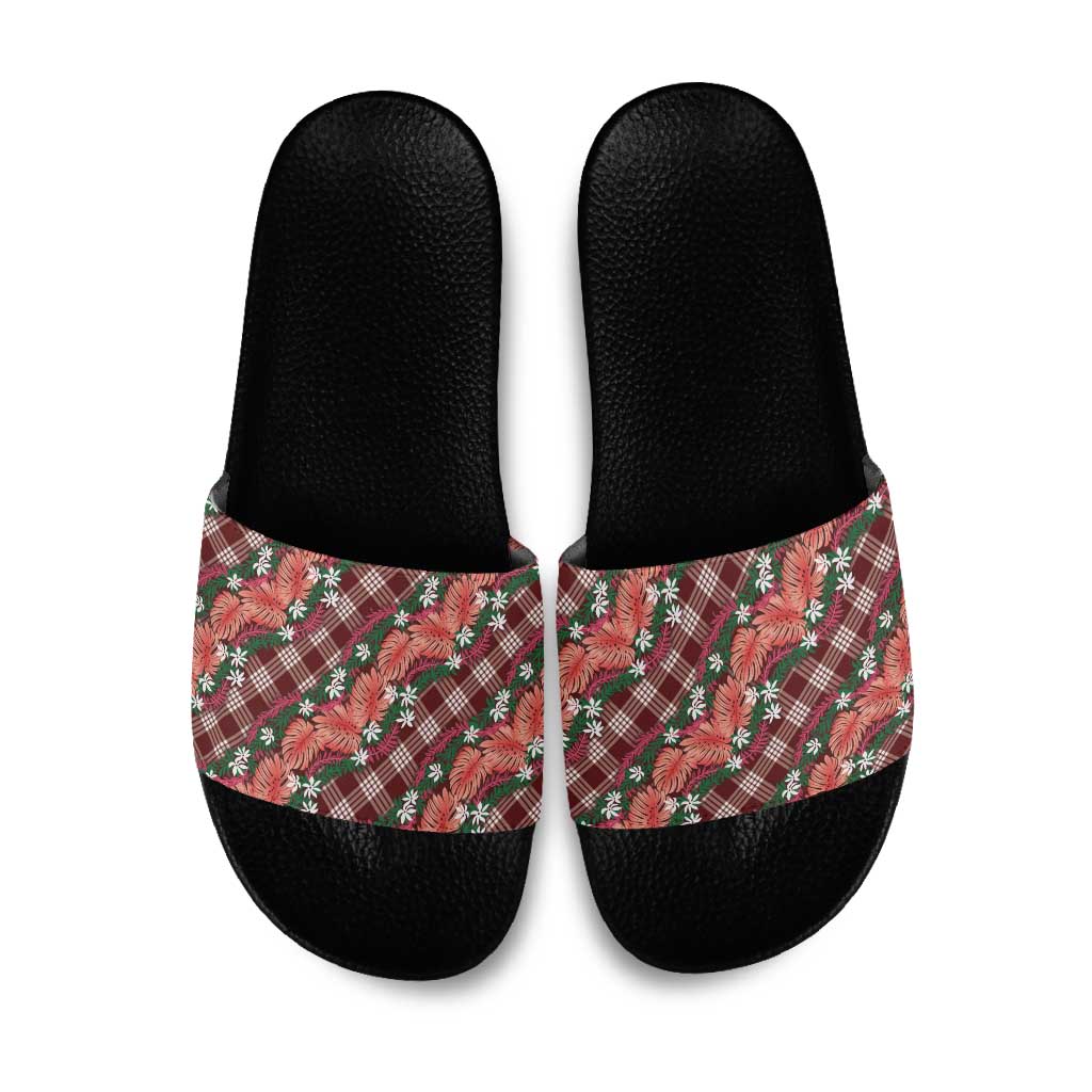 Polynesian Monstera Tiare Floral Slide Sandals Burgundy Tropical Plaid LT01 Red - Polynesian Pride