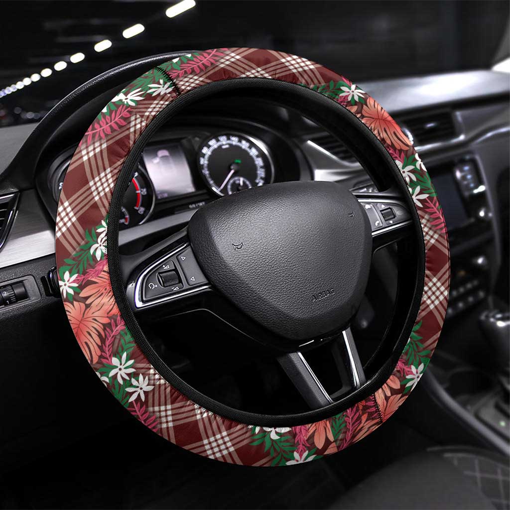 Polynesian Monstera Tiare Floral Steering Wheel Cover Burgundy Tropical Plaid - Polynesian Pride