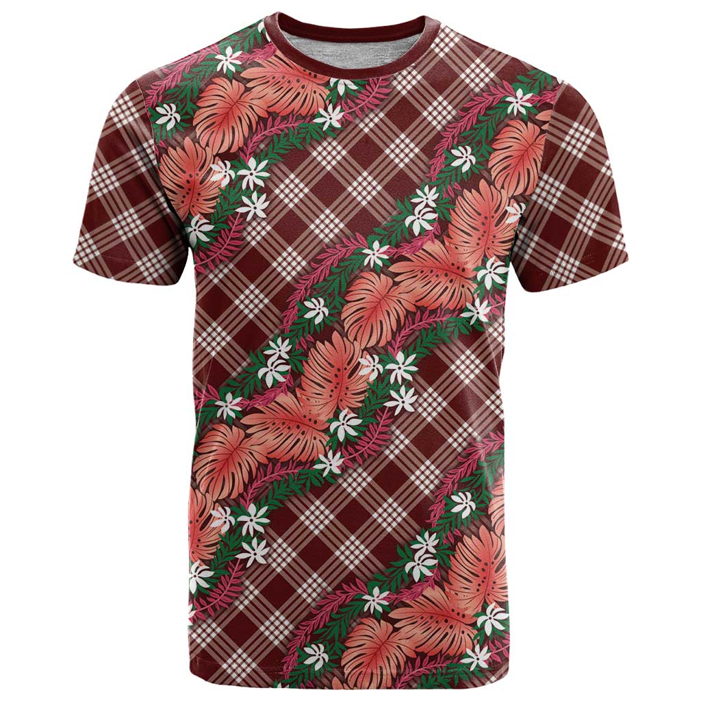 Polynesian Monstera Tiare Floral T Shirt Burgundy Tropical Plaid - Polynesian Pride