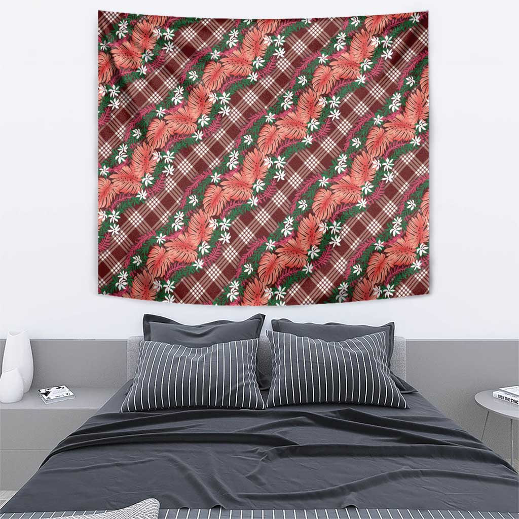 Polynesian Monstera Tiare Floral Tapestry Burgundy Tropical Plaid - Polynesian Pride