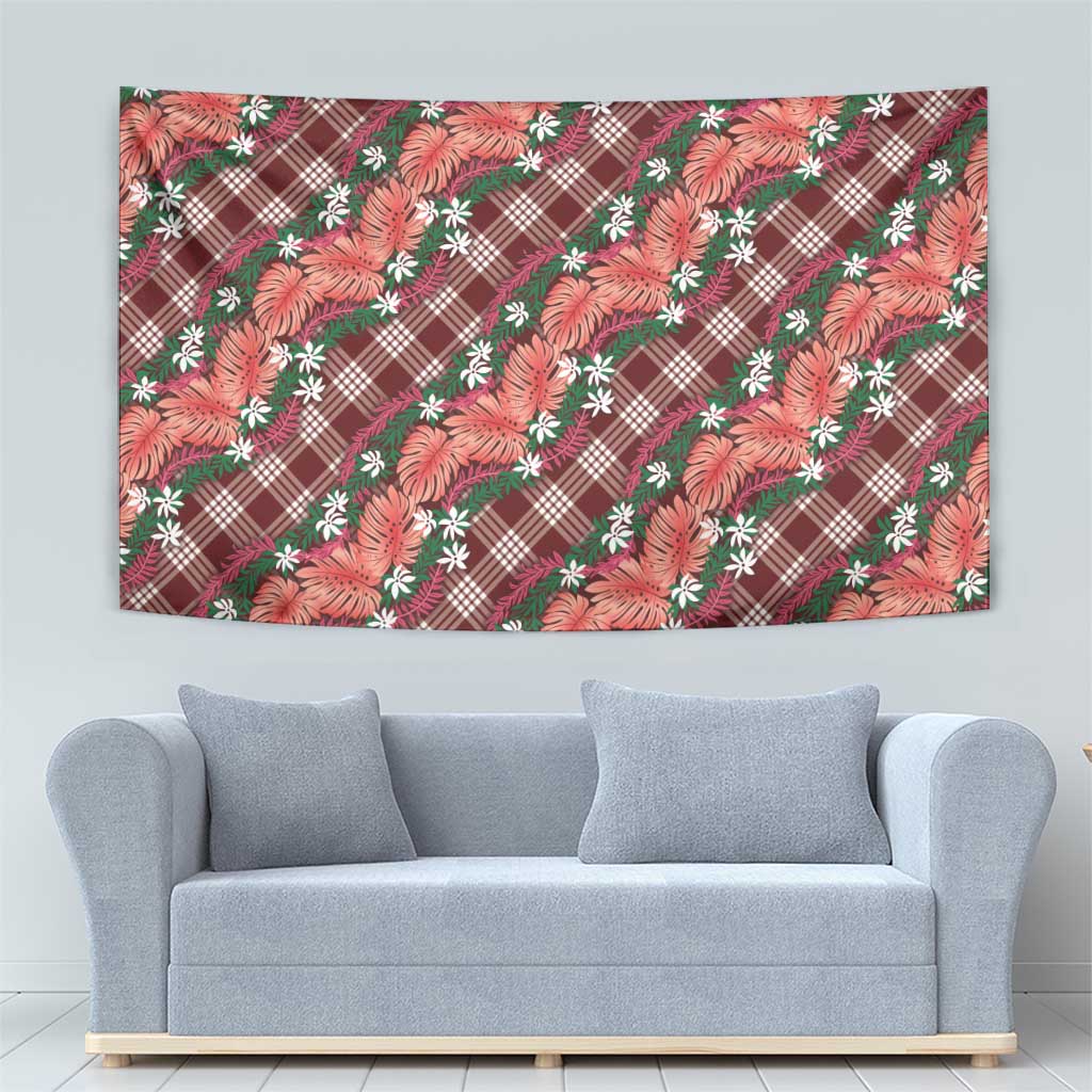 Polynesian Monstera Tiare Floral Tapestry Burgundy Tropical Plaid - Polynesian Pride