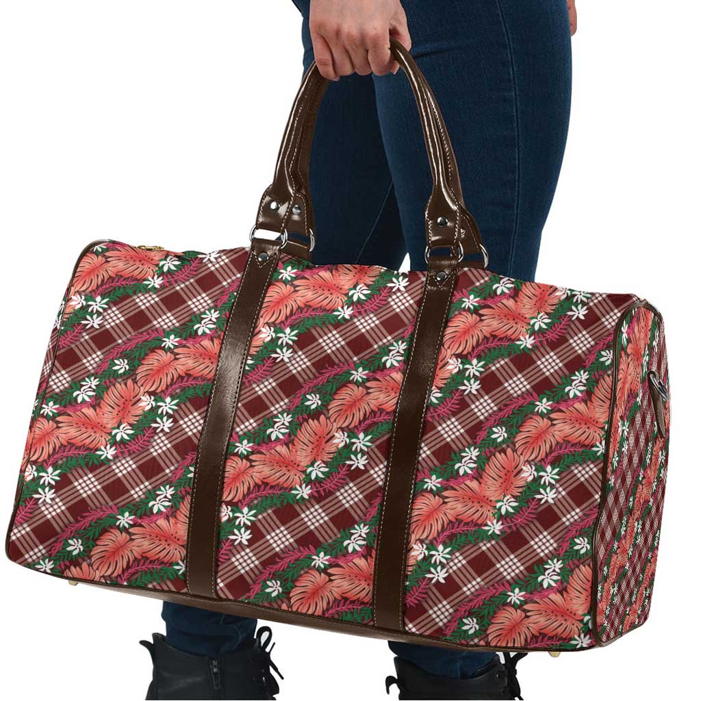 Polynesian Monstera Tiare Floral Travel Bag Burgundy Tropical Plaid - Polynesian Pride