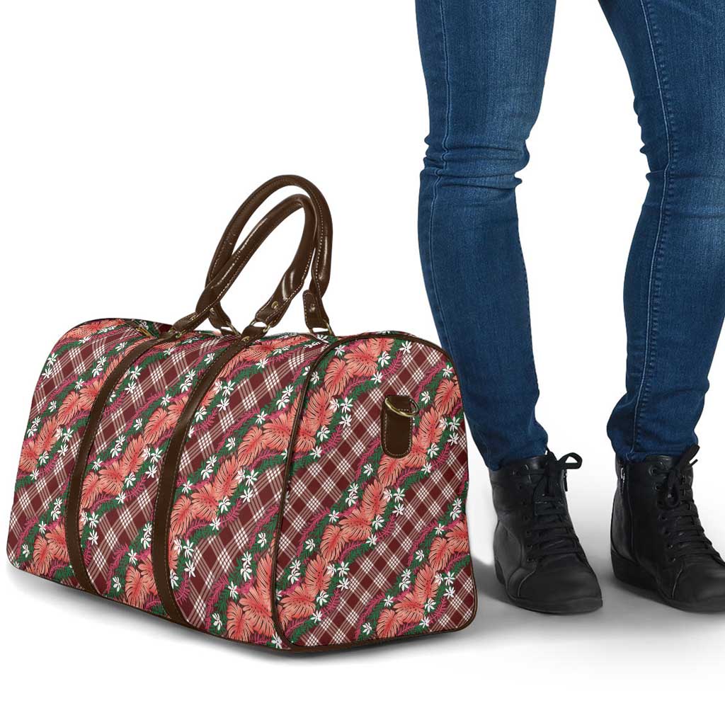 Polynesian Monstera Tiare Floral Travel Bag Burgundy Tropical Plaid - Polynesian Pride