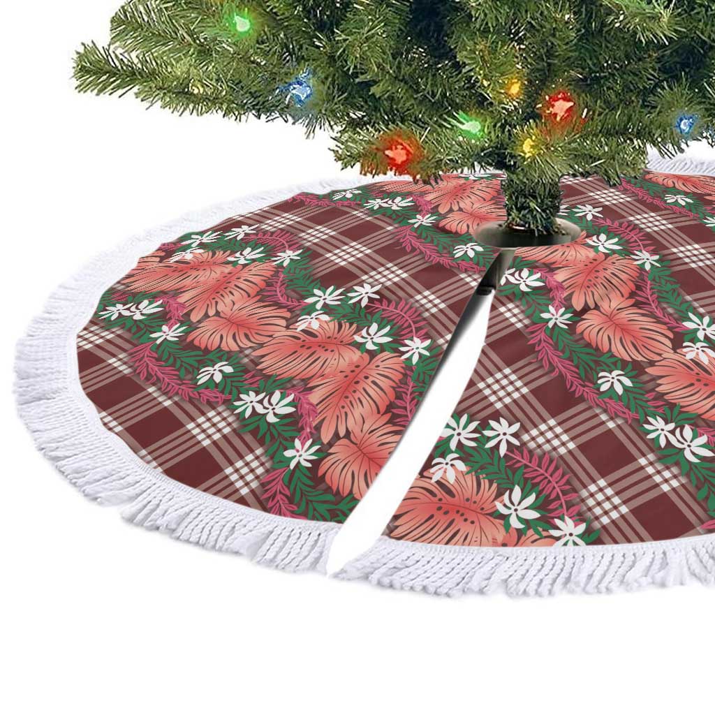 Polynesian Monstera Tiare Floral Tree Skirt Burgundy Tropical Plaid - Polynesian Pride