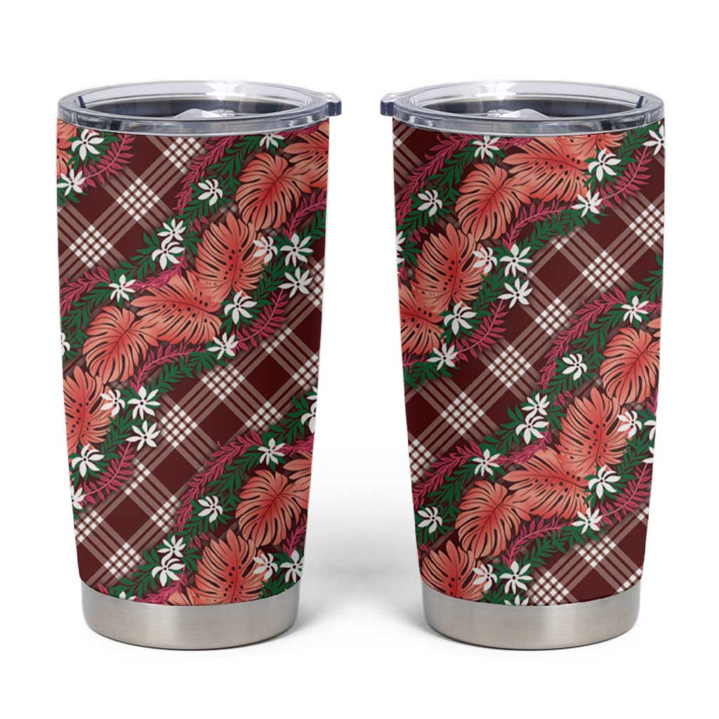 Polynesian Monstera Tiare Floral Tumbler Cup Burgundy Tropical Plaid - Polynesian Pride