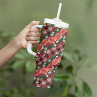 Polynesian Monstera Tiare Floral Tumbler With Handle Burgundy Tropical Plaid - Polynesian Pride