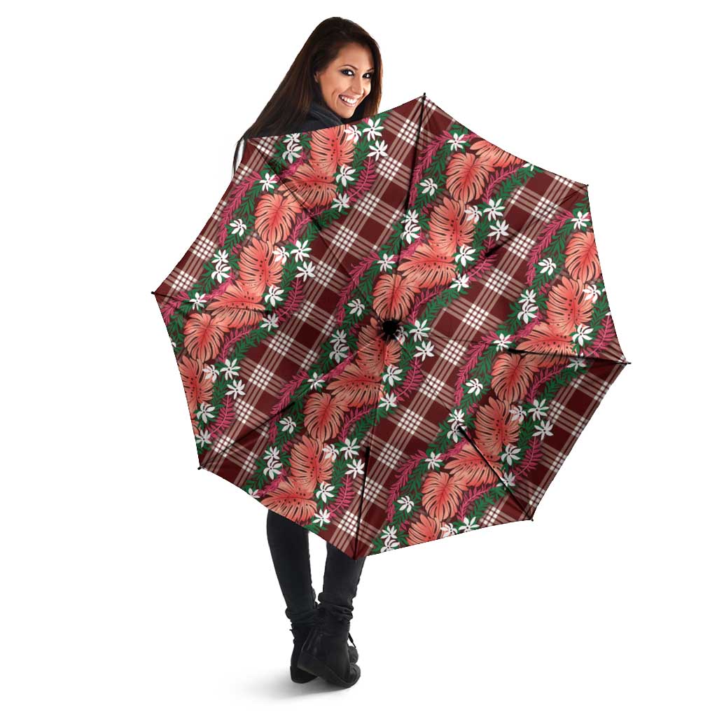 Polynesian Monstera Tiare Floral Umbrella Burgundy Tropical Plaid - Polynesian Pride