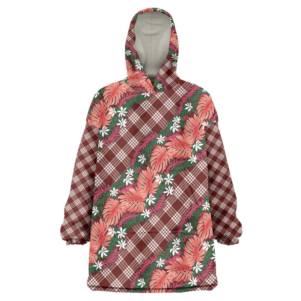 Polynesian Monstera Tiare Floral Wearable Blanket Hoodie Burgundy Tropical Plaid - Polynesian Pride