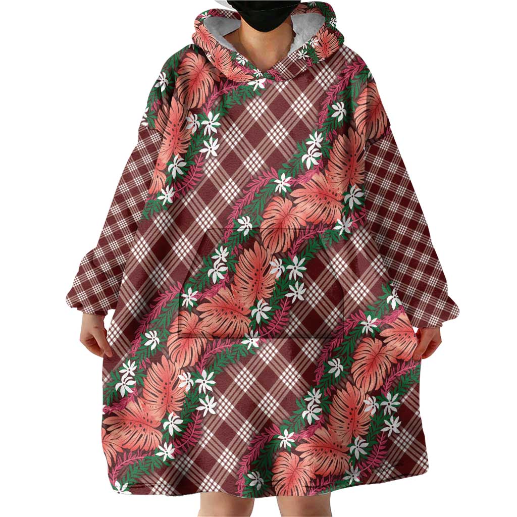 Polynesian Monstera Tiare Floral Wearable Blanket Hoodie Burgundy Tropical Plaid - Polynesian Pride