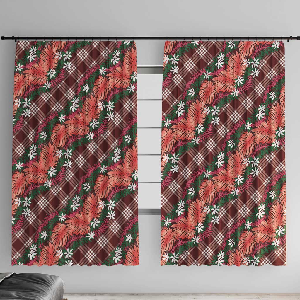 Polynesian Monstera Tiare Floral Window Curtain Burgundy Tropical Plaid - Polynesian Pride