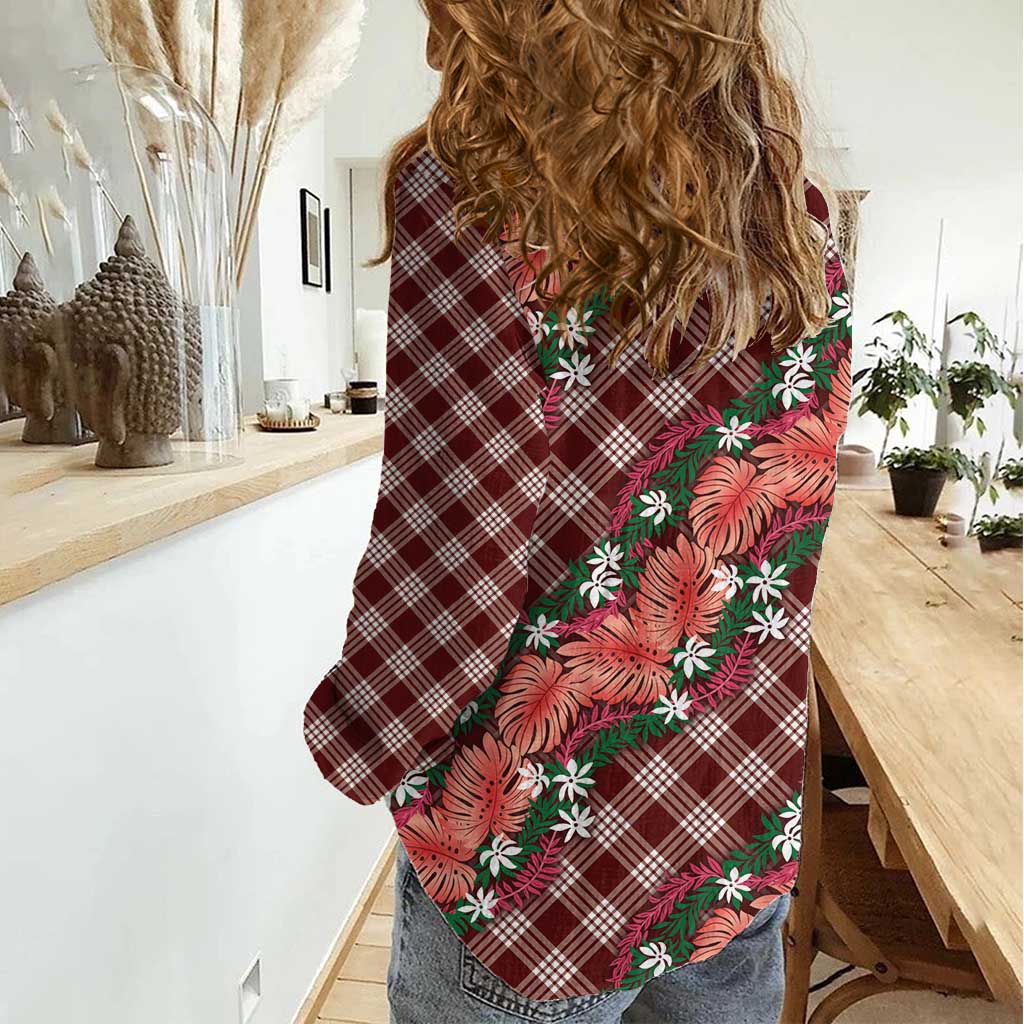 Polynesian Monstera Tiare Floral Women Casual Shirt Burgundy Tropical Plaid - Polynesian Pride