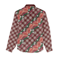 Polynesian Monstera Tiare Floral Women Casual Shirt Burgundy Tropical Plaid - Polynesian Pride