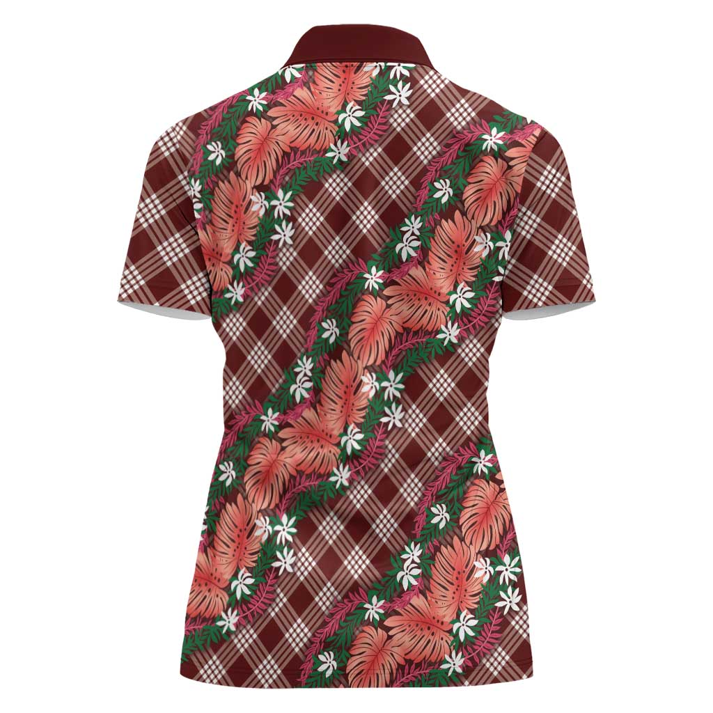 Polynesian Monstera Tiare Floral Women Polo Shirt Burgundy Tropical Plaid - Polynesian Pride