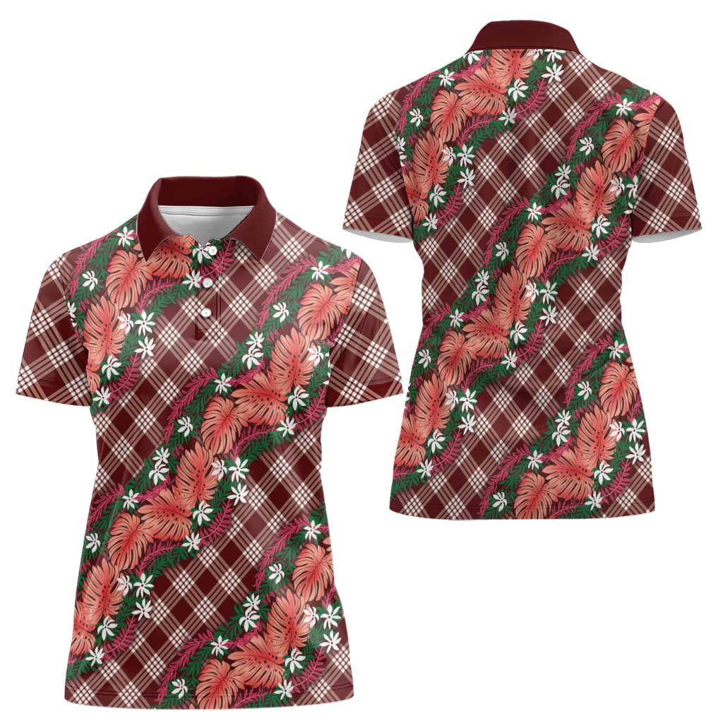 Polynesian Monstera Tiare Floral Women Polo Shirt Burgundy Tropical Plaid - Polynesian Pride