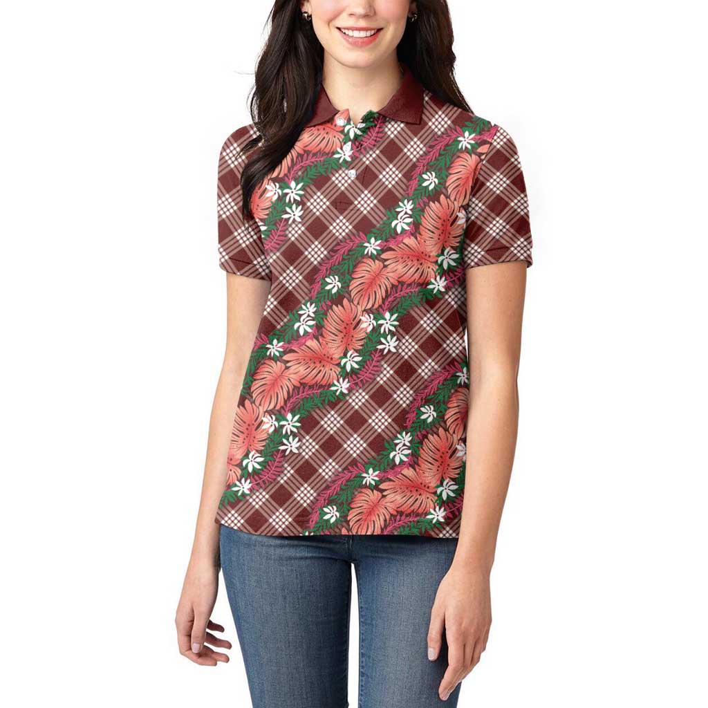 Polynesian Monstera Tiare Floral Women Polo Shirt Burgundy Tropical Plaid - Polynesian Pride