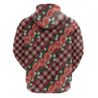 Polynesian Monstera Tiare Floral Zip Hoodie Burgundy Tropical Plaid - Polynesian Pride