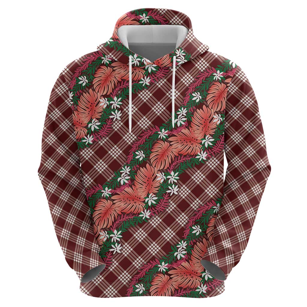 Polynesian Monstera Tiare Floral Zip Hoodie Burgundy Tropical Plaid - Polynesian Pride
