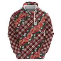 Polynesian Monstera Tiare Floral Zip Hoodie Burgundy Tropical Plaid - Polynesian Pride
