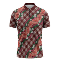 Polynesian Monstera Tiare Floral Zipper Polo Shirt Burgundy Tropical Plaid - Polynesian Pride