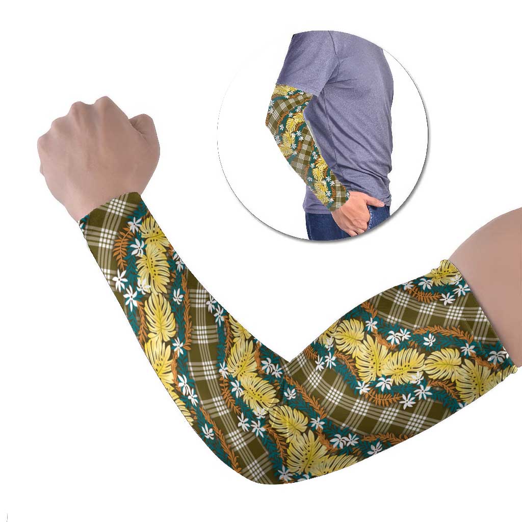 Polynesian Monstera Tiare Floral Arm Sleeves Yellow Tropical Plaid - Polynesian Pride