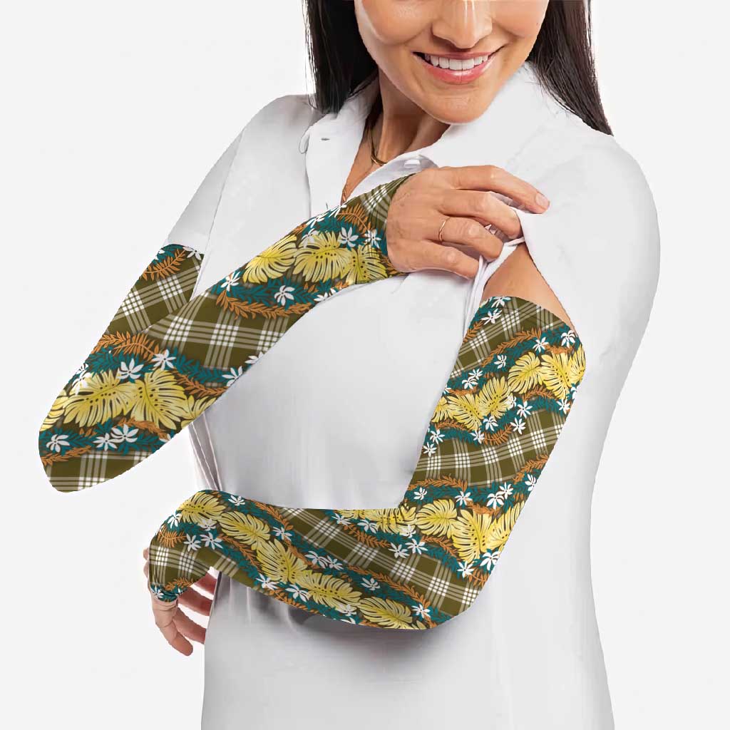 Polynesian Monstera Tiare Floral Arm Sleeves Yellow Tropical Plaid - Polynesian Pride