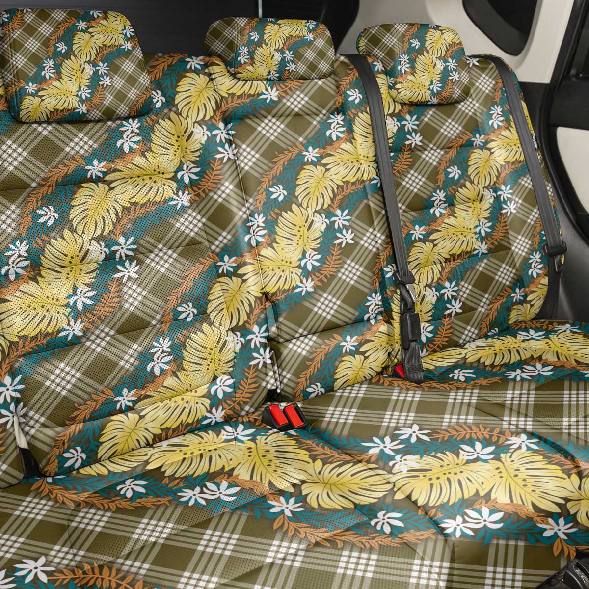Polynesian Monstera Tiare Floral Back Car Seat Cover Yellow Tropical Plaid - Polynesian Pride