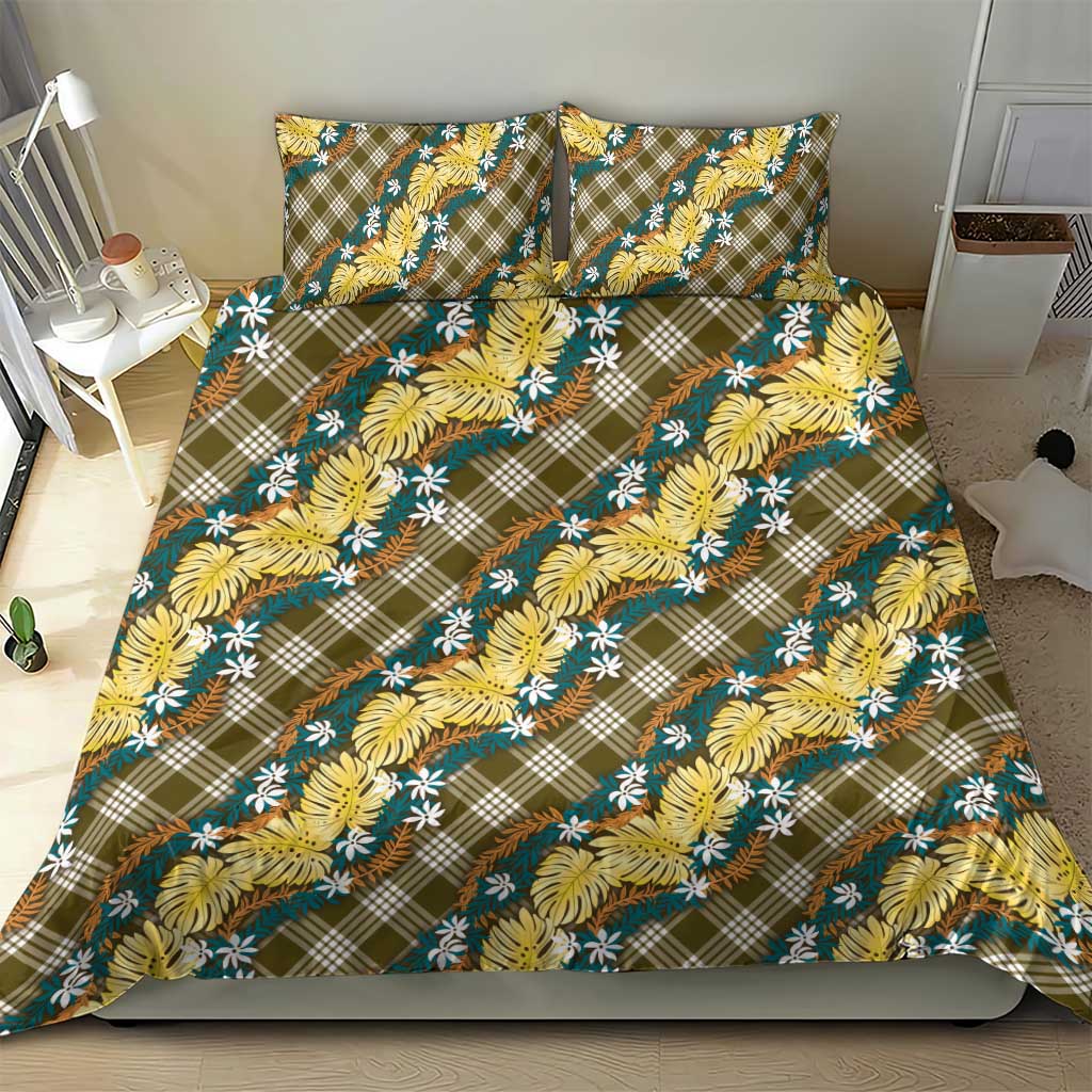 Polynesian Monstera Tiare Floral Bedding Set Yellow Tropical Plaid - Polynesian Pride