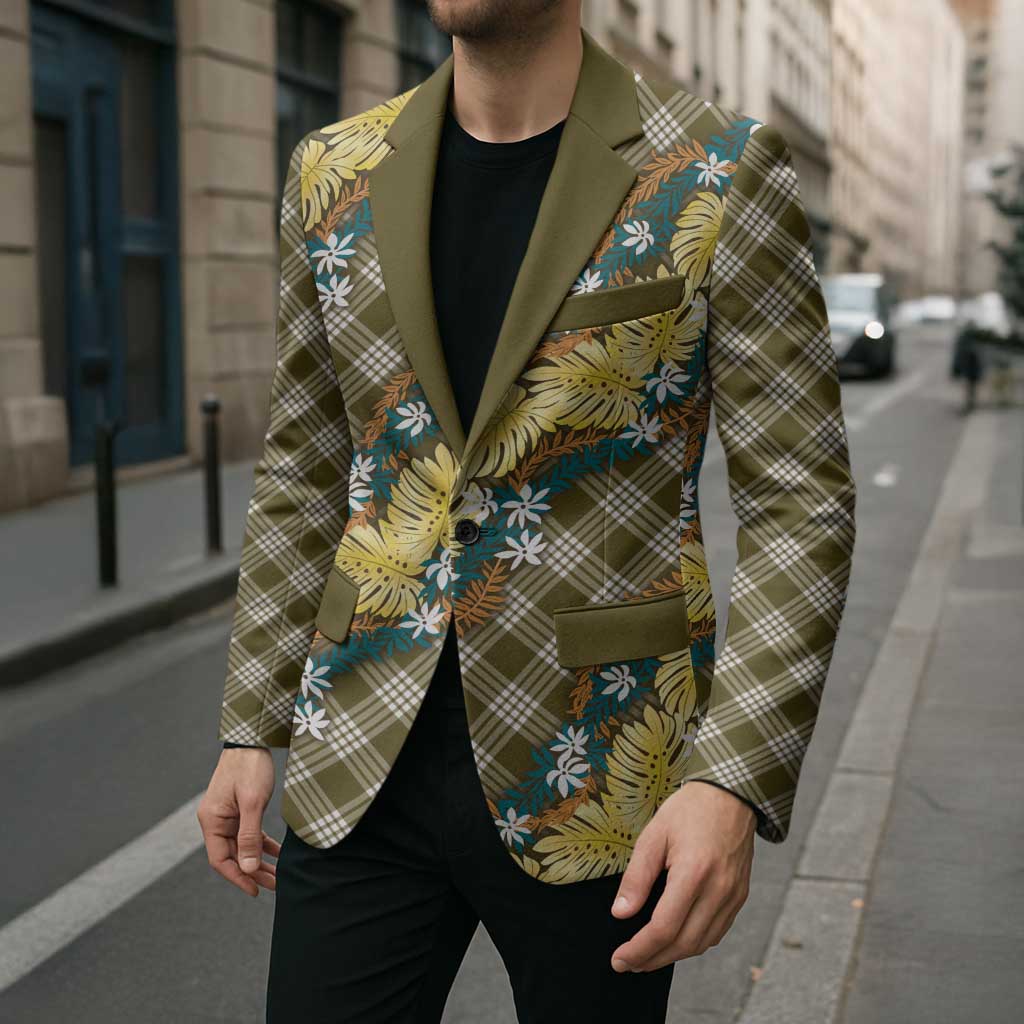 Polynesian Monstera Tiare Floral Blazer Yellow Tropical Plaid - Polynesian Pride