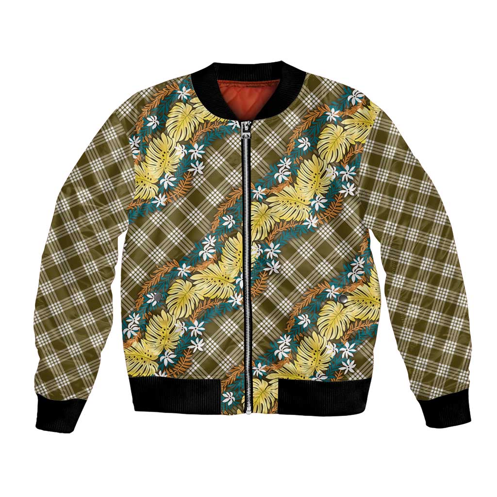 Polynesian Monstera Tiare Floral Bomber Jacket Yellow Tropical Plaid LT01 Unisex Yellow - Polynesian Pride
