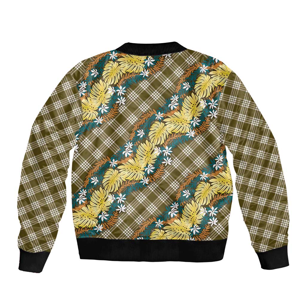 Polynesian Monstera Tiare Floral Bomber Jacket Yellow Tropical Plaid - Polynesian Pride
