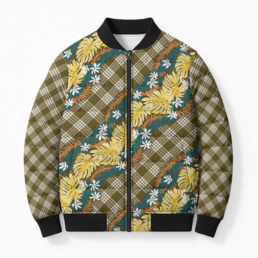 Polynesian Monstera Tiare Floral Bomber Puffer Jacket Yellow Tropical Plaid - Polynesian Pride