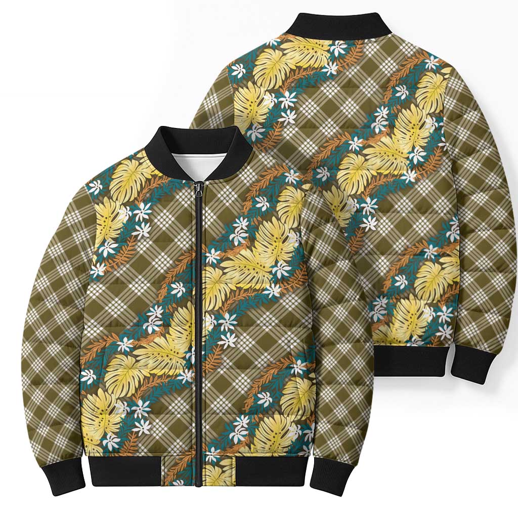 Polynesian Monstera Tiare Floral Bomber Puffer Jacket Yellow Tropical Plaid - Polynesian Pride