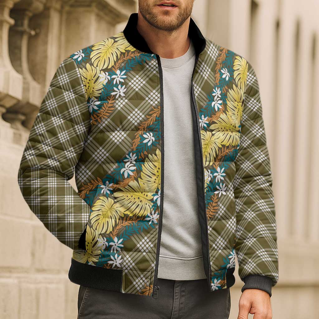 Polynesian Monstera Tiare Floral Bomber Puffer Jacket Yellow Tropical Plaid - Polynesian Pride