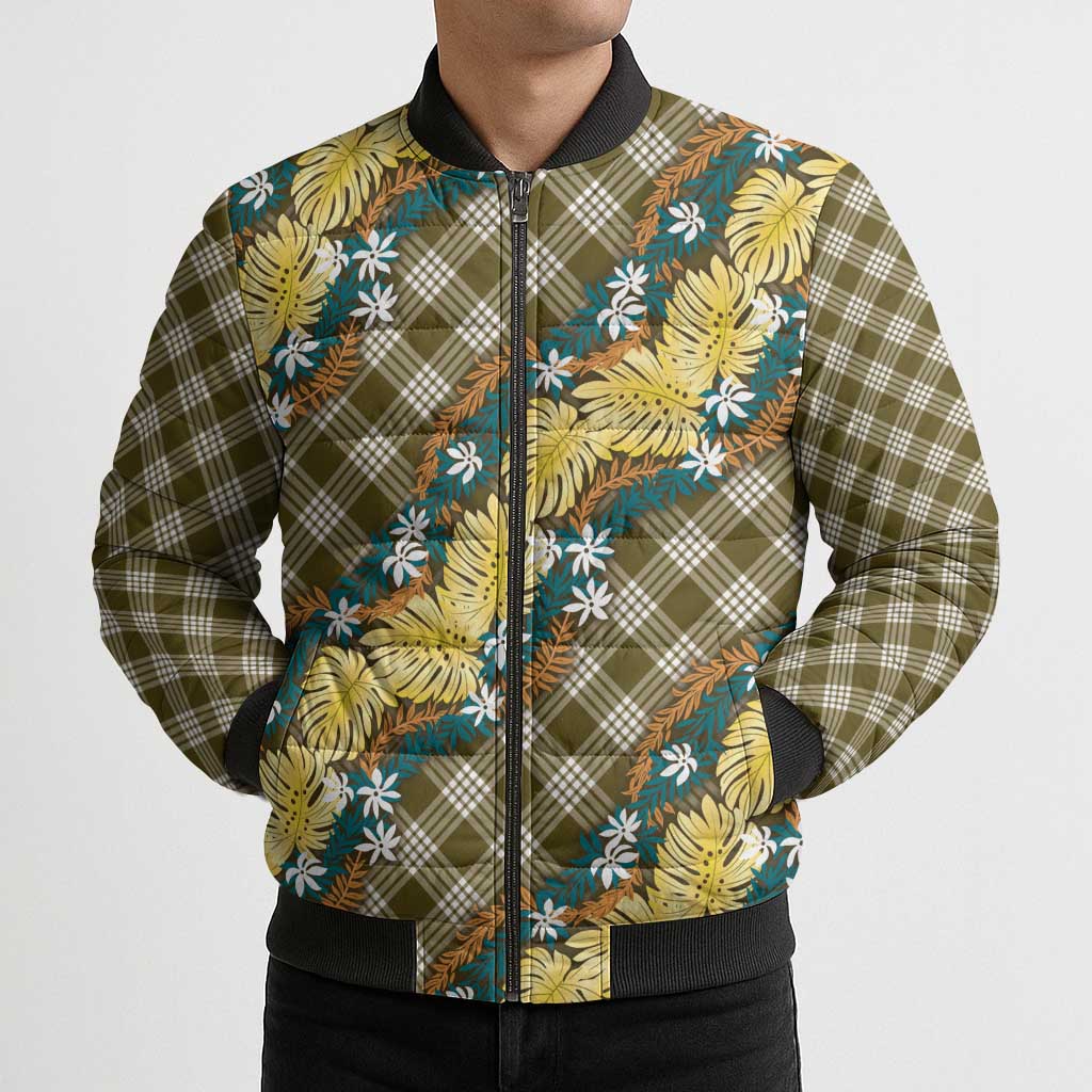 Polynesian Monstera Tiare Floral Bomber Puffer Jacket Yellow Tropical Plaid - Polynesian Pride