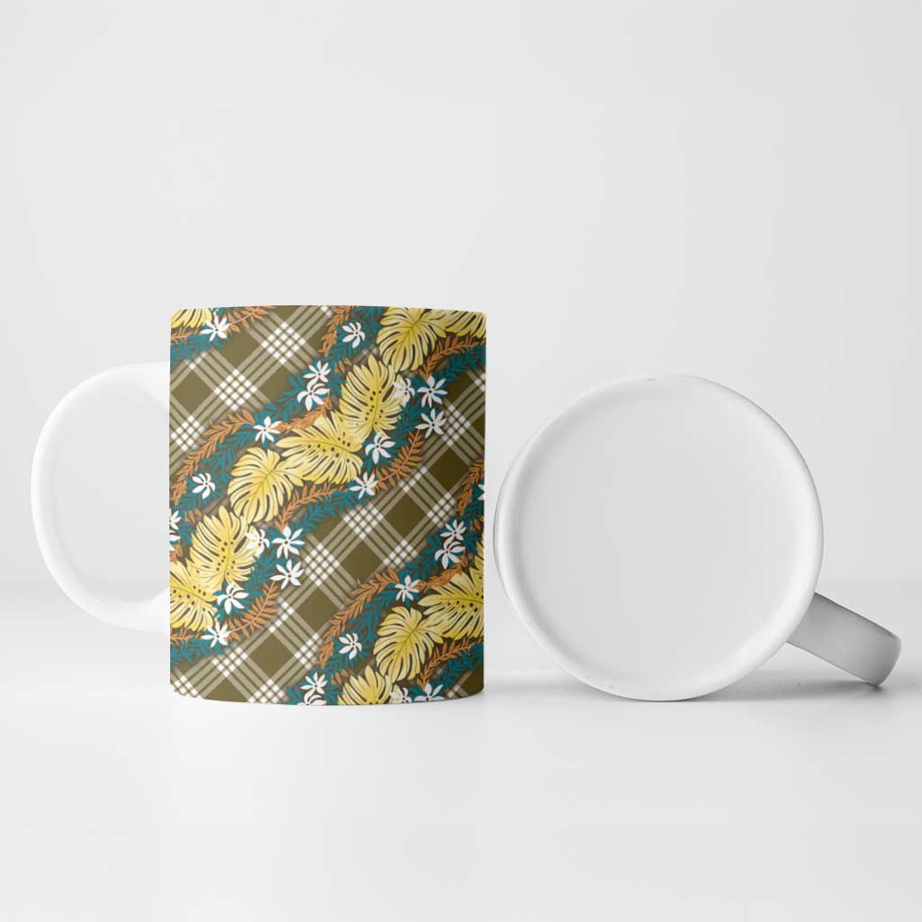 Polynesian Monstera Tiare Floral Ceramic Mug Yellow Tropical Plaid - Polynesian Pride