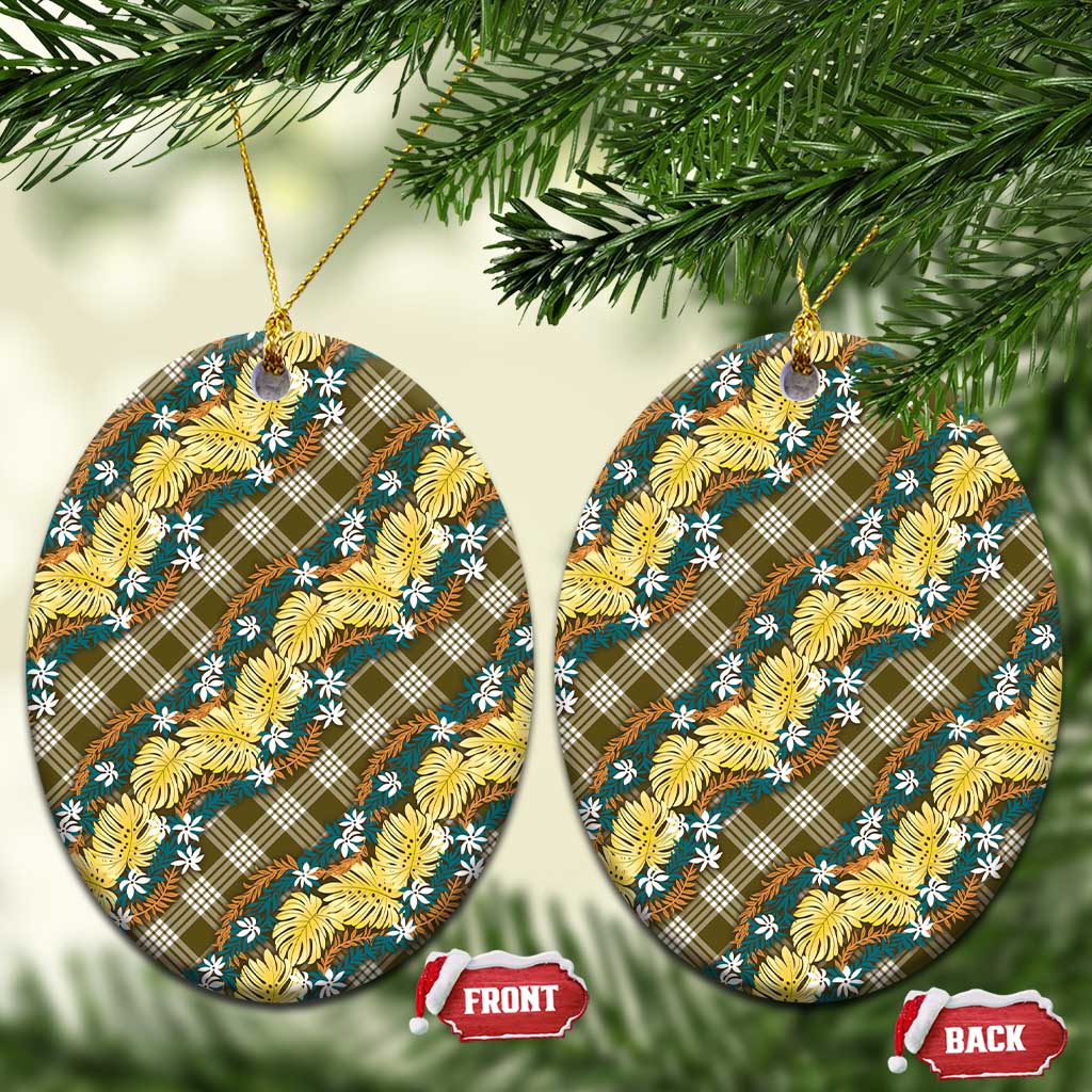 Polynesian Monstera Tiare Floral Ceramic Ornament Yellow Tropical Plaid - Polynesian Pride