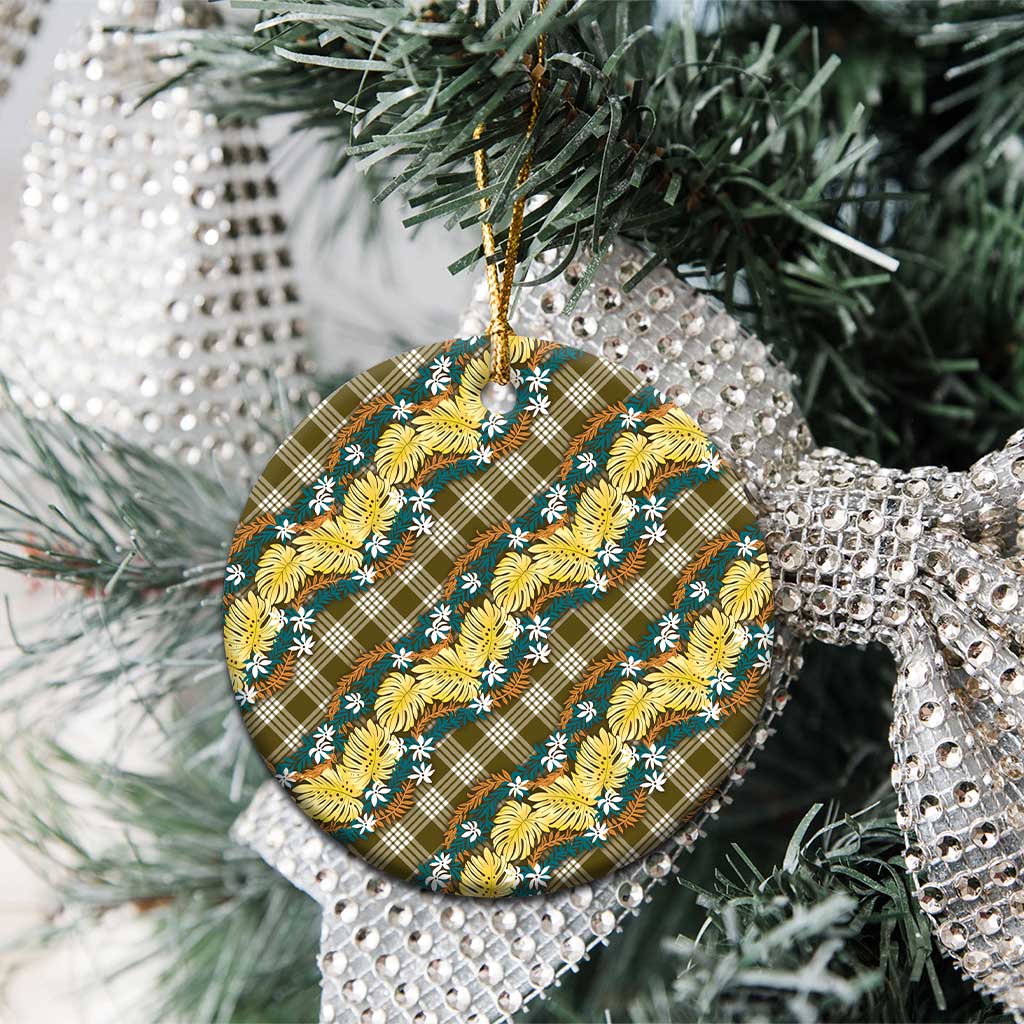 Polynesian Monstera Tiare Floral Ceramic Ornament Yellow Tropical Plaid - Polynesian Pride